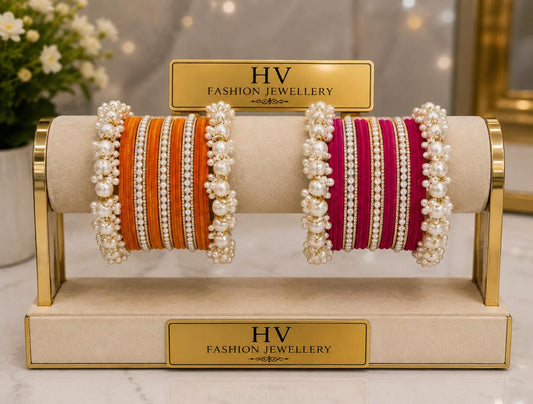 Pearl & Crystal Embellished Velvet Bangles Set – Orange & Magenta